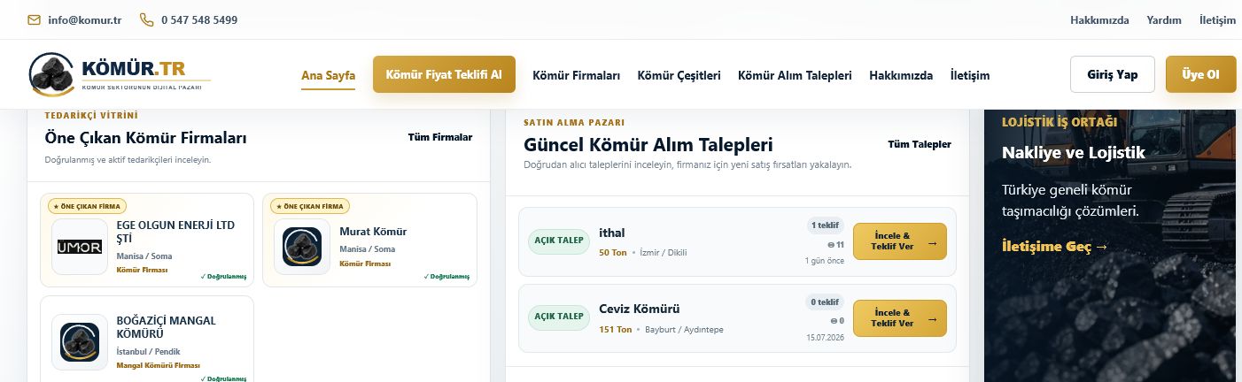Ana sayfa öne çıkan firmalar ve alım talepleri yanındaki reklam alanı ekran görüntüsü